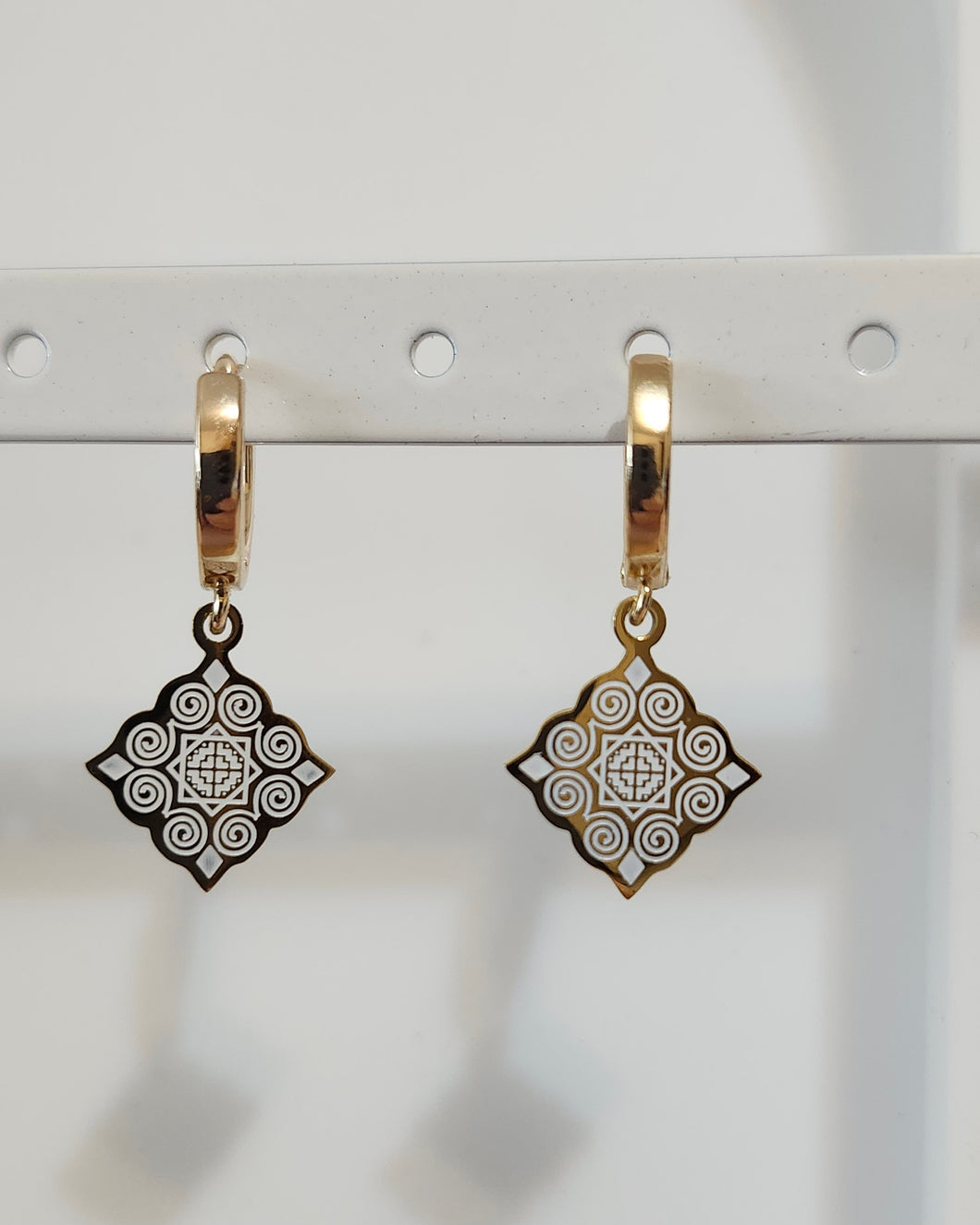 Hmong Inspired huggies - White Enamel Gold