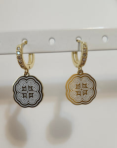 CZ Hmong Inspired heart huggies - Gold+white enamel