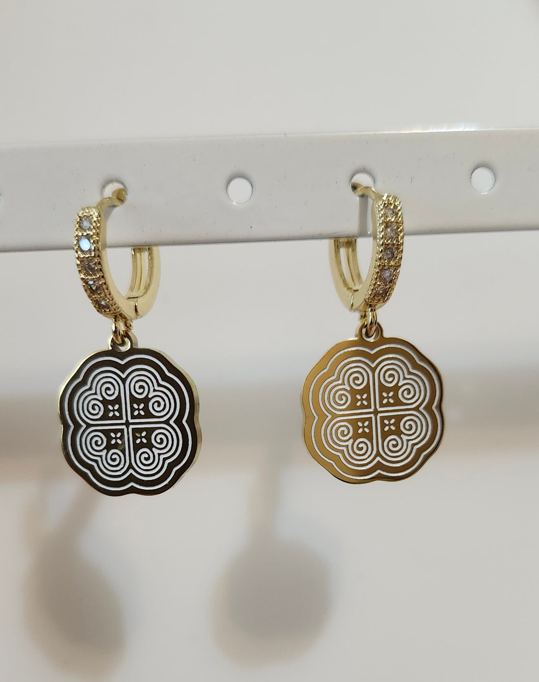 CZ Hmong Inspired heart huggies - Gold+white enamel